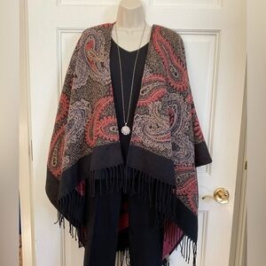 Soft Surroundings Multi Patna Poncho Fringe Open Cardigan, Cape Shawl Paisley